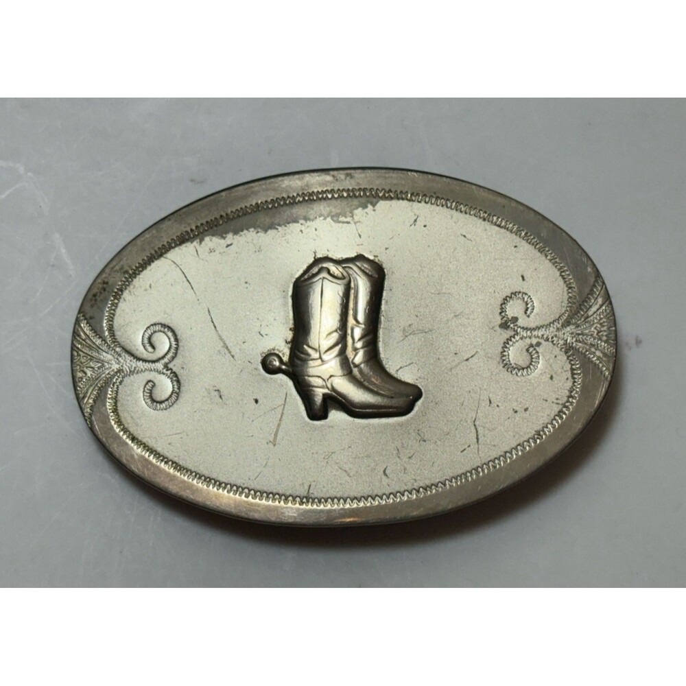 Vintage Western Cowboy Boots Silver Tone Oval Belt Buckle Unmarked Rodeo USA